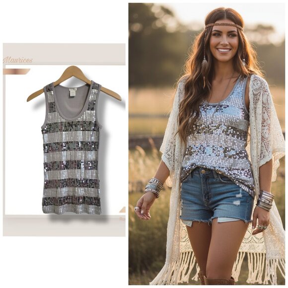 Maurices Tops - 🌿Maurices Women's Large Sequin Gray and Silver Striped Sparkle Tank Top